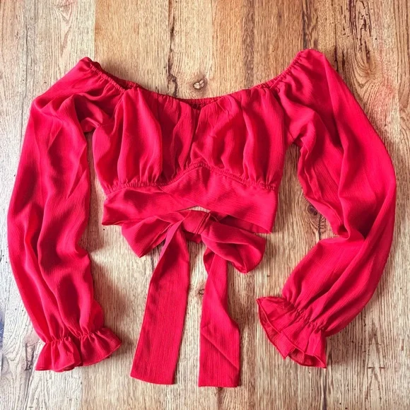 Vibrant Red Off shoulder Crop Top with Tie Back - Picture 2 of 5